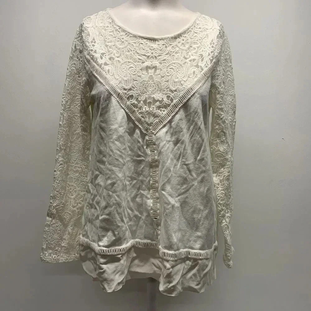 Sandro Long Sleeve Top Shirt Blouse White Lace Semi Sheer Silk Size 2 Medium